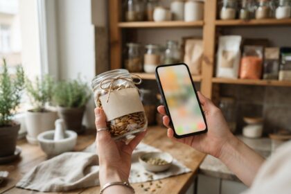Deux mains tenant un bocal de graines à l'étiquette vierge et un smartphone devant des étagères de garde-manger.