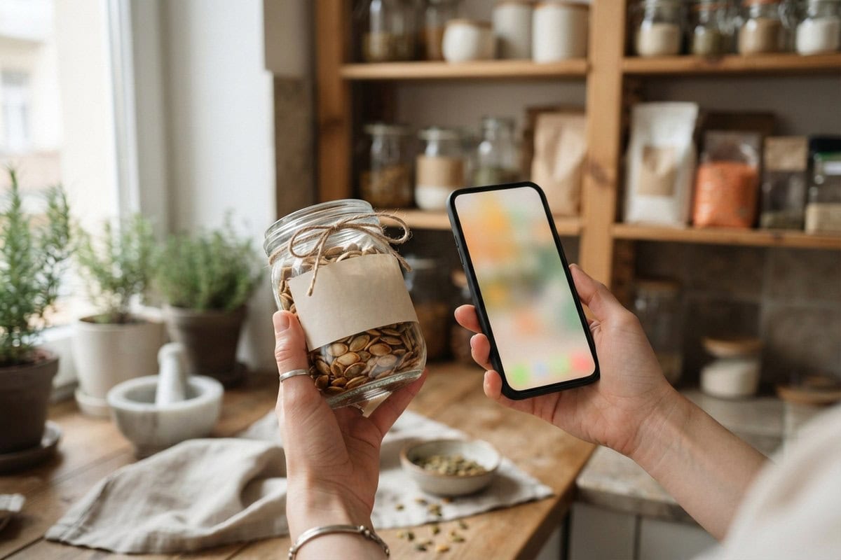 Deux mains tenant un bocal de graines à l'étiquette vierge et un smartphone devant des étagères de garde-manger.
