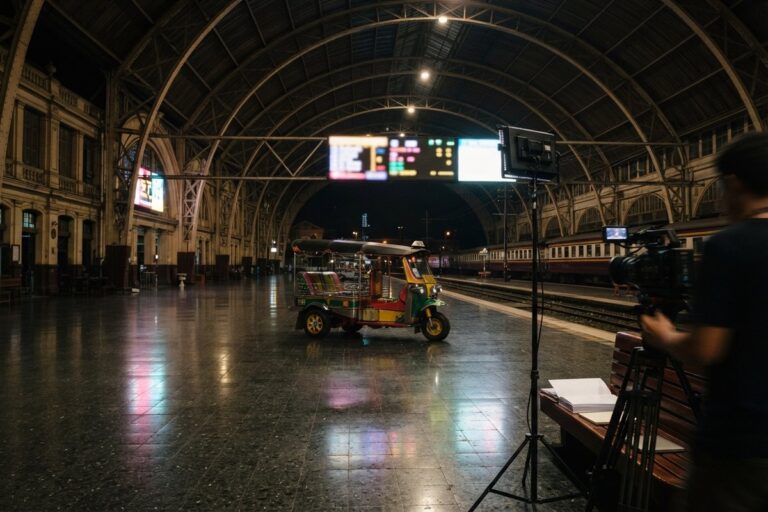 Tuk-tuk coloré au centre du hall voûté d'une gare la nuit, près d'une caméra de tournage