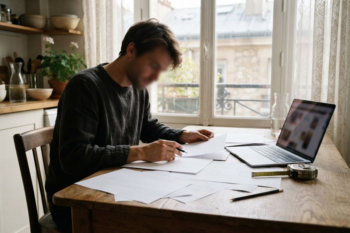 Un homme assis à une table en bois annote des documents vierges près d'un ordinateur portable et d'un mètre ruban