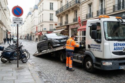 Dépanneuse plateau chargeant une voiture grise dans une rue pavée, près d'un panneau de stationnement interdit