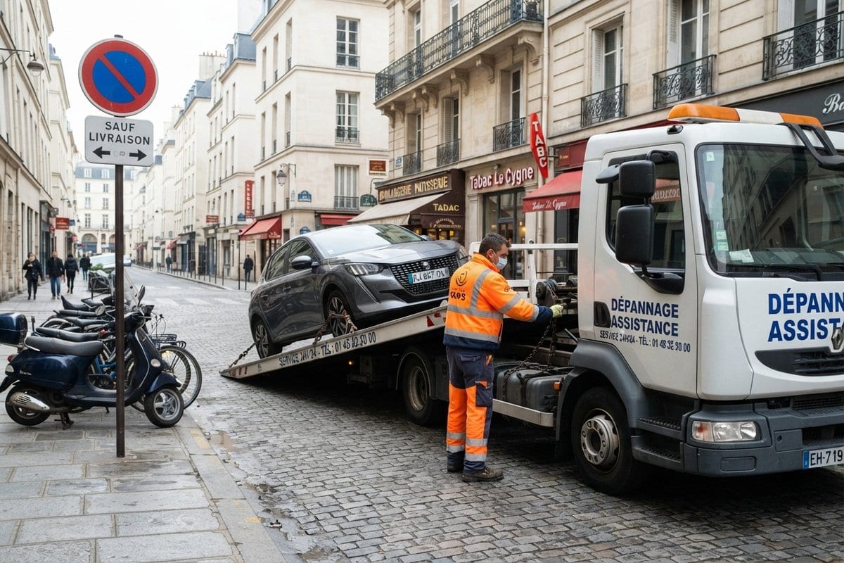 Dépanneuse plateau chargeant une voiture grise dans une rue pavée, près d'un panneau de stationnement interdit