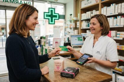 Au comptoir d'une pharmacie, une cliente tend sa carte Vitale à une pharmacienne tenant un terminal de paiement