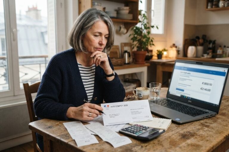 Femme étudiant son avis d'impôt 2026 à une table de cuisine, entre reçus, calculatrice et ordinateur portable