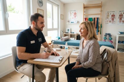 Un kinésithérapeute note les réponses d'une patiente d'une soixantaine d'années sur un questionnaire, dans son cabinet
