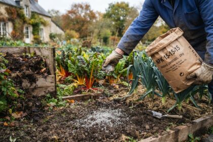Jardinier en gants épandant un engrais NPK 15-15-15 entre poireaux et blettes, composteur en bois à gauche
