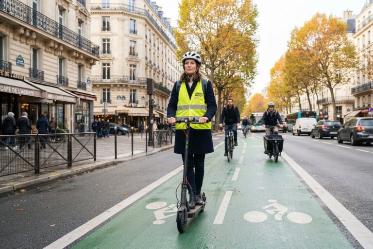 Femme casquée en gilet jaune sur une trottinette électrique dans une piste cyclable parisienne, cyclistes derrière