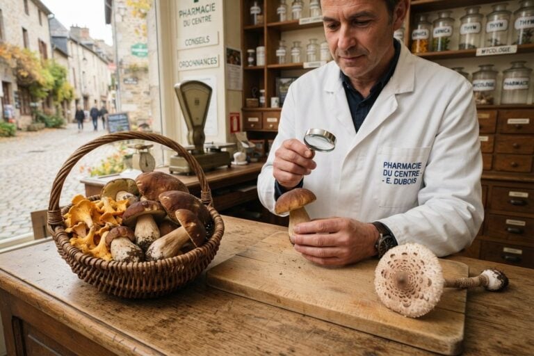 Pharmacien en blouse examinant un cèpe à la loupe, près d'un panier de girolles et de cèpes et d'une coulemelle