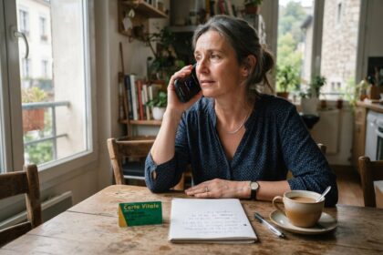 Femme au téléphone à une table de cuisine, avec une carte Vitale, un carnet de numéros et une tasse de café