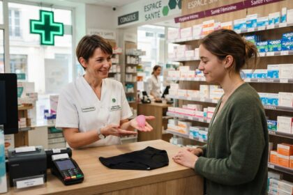Pharmacienne montrant une coupe menstruelle rose à une jeune femme, une culotte menstruelle noire posée sur le comptoir