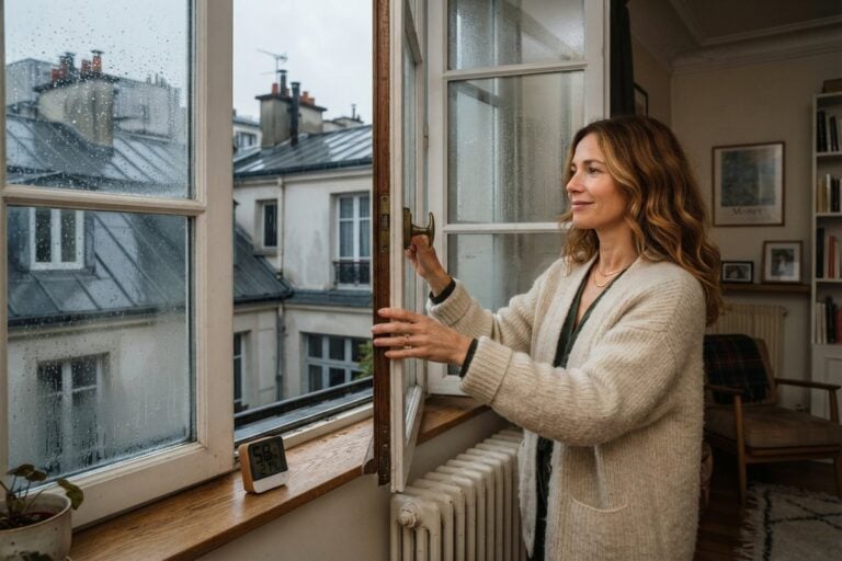 Femme ouvrant en grand une fenêtre sur des toits parisiens sous la pluie, hygromètre à 58 % posé sur le rebord