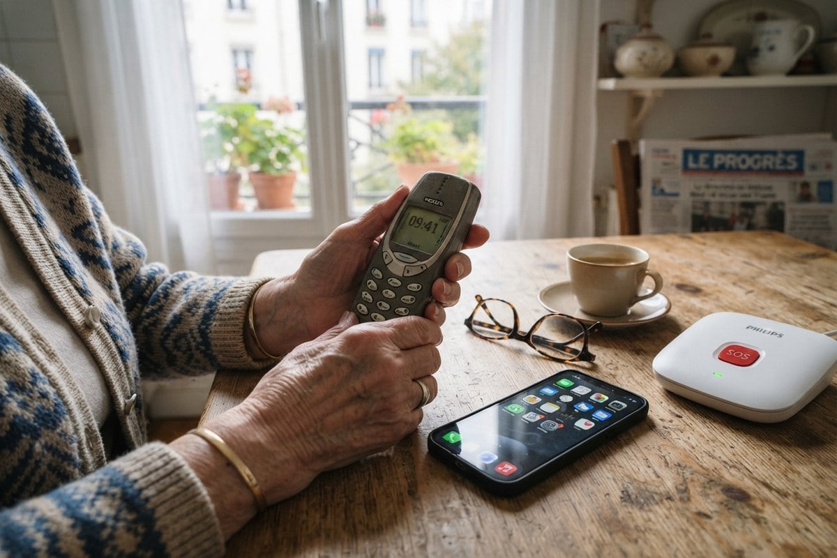 Mains d'une femme âgée tenant un ancien téléphone à clavier, près d'un smartphone et d'un boîtier de téléassistance SOS