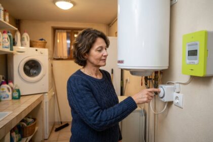 Femme réglant un programmateur sur une prise, à côté d'un chauffe-eau électrique et d'un compteur Linky vert