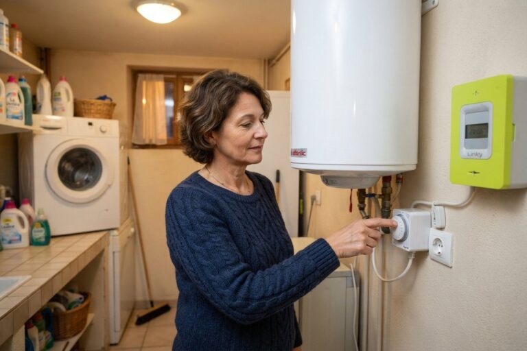 Femme réglant un programmateur sur une prise, à côté d'un chauffe-eau électrique et d'un compteur Linky vert