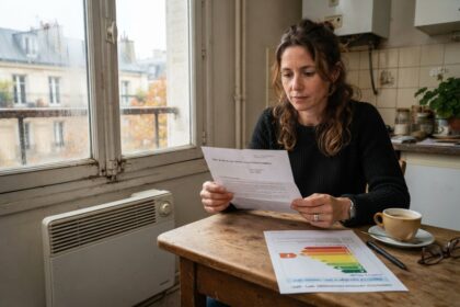 Femme lisant un courrier à une table de cuisine, à côté d'une étiquette énergie DPE et d'un convecteur électrique