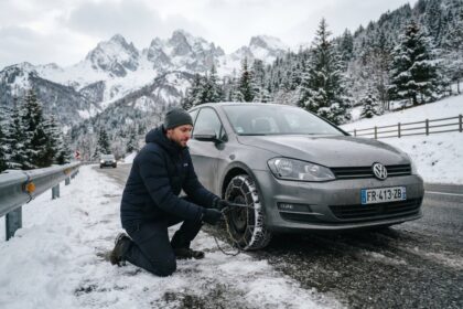 Homme agenouillé posant des chaînes à neige sur la roue avant d'une voiture grise, au bord d'une route de montagne enneigée