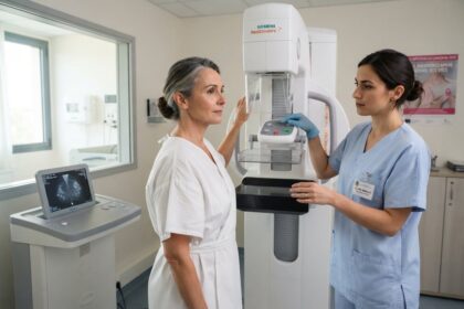 Une manipulatrice en blouse bleue ajuste un mammographe à côté d'une patiente en blouse d'hôpital blanche.