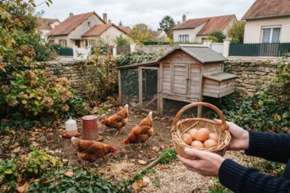 Trois poules rousses picorent la terre devant un poulailler en bois, des mains tiennent un panier d'œufs bruns au premier plan