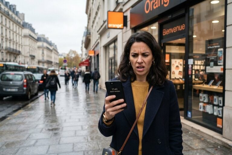 Femme contrariée devant son smartphone sans réseau, sur un trottoir parisien mouillé, devant une boutique Orange