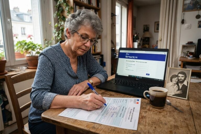 Femme âgée remplissant un formulaire papier à une table de cuisine, ordinateur ouvert et photo de mariage à côté