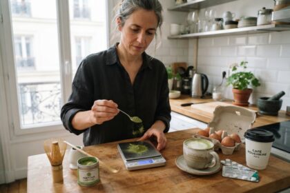 Femme dosant du matcha sur une balance de cuisine, près d'œufs, d'un gobelet de café et d'une plaquette de comprimés