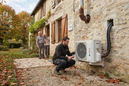 Un technicien fixe l'unité extérieure d'une pompe à chaleur Atlantic sur une maison en pierre, un couple regarde au loin