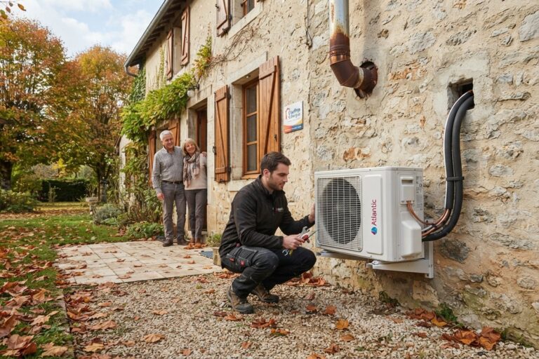 Un technicien fixe l'unité extérieure d'une pompe à chaleur Atlantic sur une maison en pierre, un couple regarde au loin