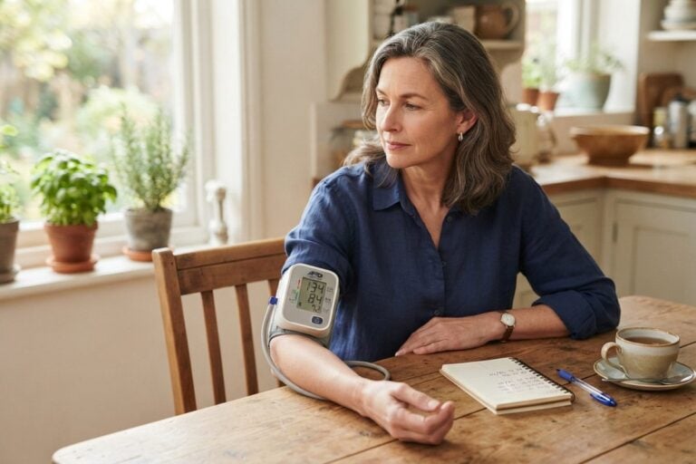 Femme assise à une table de cuisine, un tensiomètre au bras affichant 134/84, un carnet et une tasse de thé devant elle