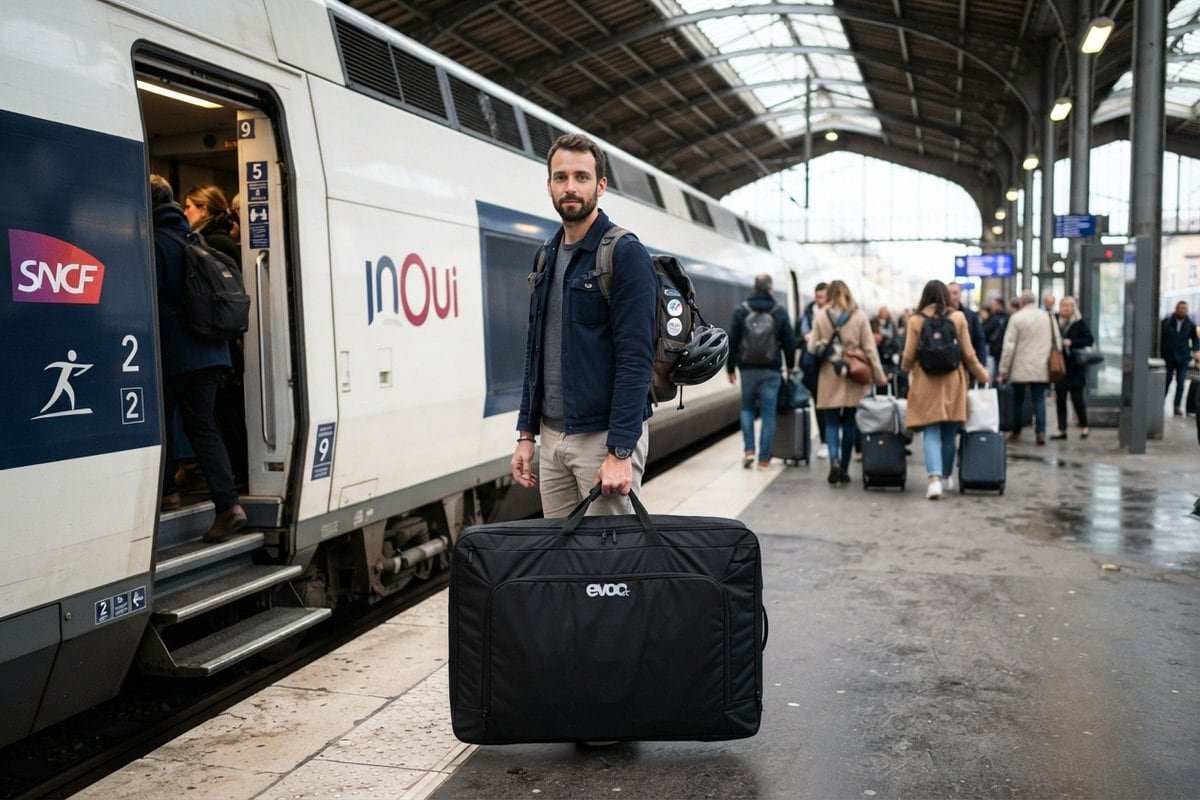 Voyageur sur un quai de gare tenant un vélo démonté dans une housse noire, à côté d'un TGV INOUI aux portes ouvertes