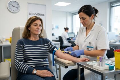 Infirmière gantée réalisant une prise de sang au pli du coude d'une patiente assise dans un laboratoire