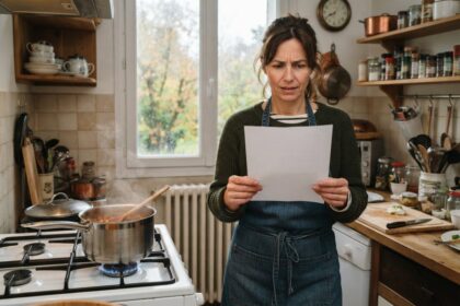 Femme lisant une feuille dans sa cuisine, près d'une gazinière allumée sous une casserole fumante