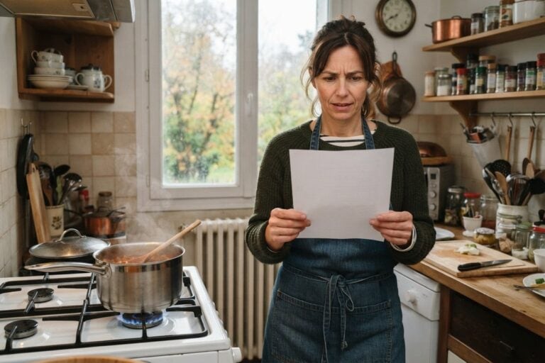 Femme lisant une feuille dans sa cuisine, près d'une gazinière allumée sous une casserole fumante