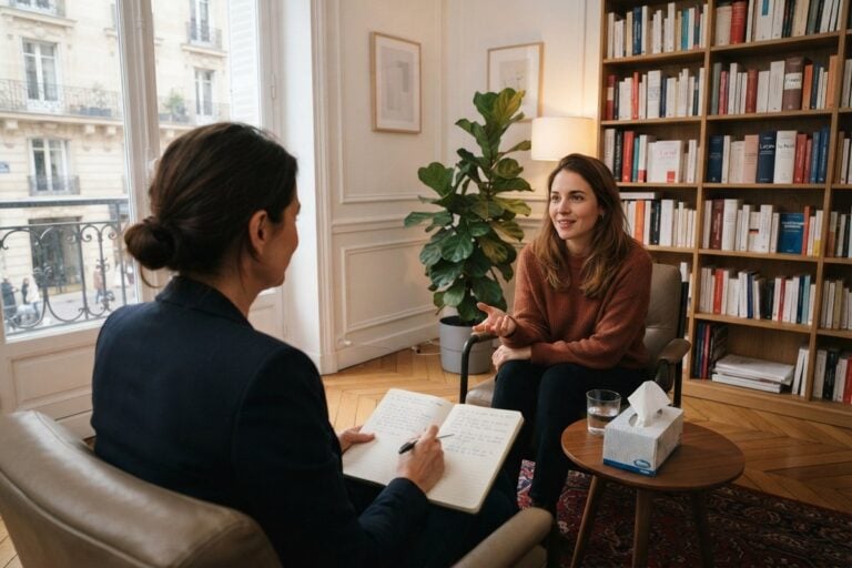 Une patiente en pull rouille parle à une psychologue qui prend des notes dans un cabinet parisien lumineux