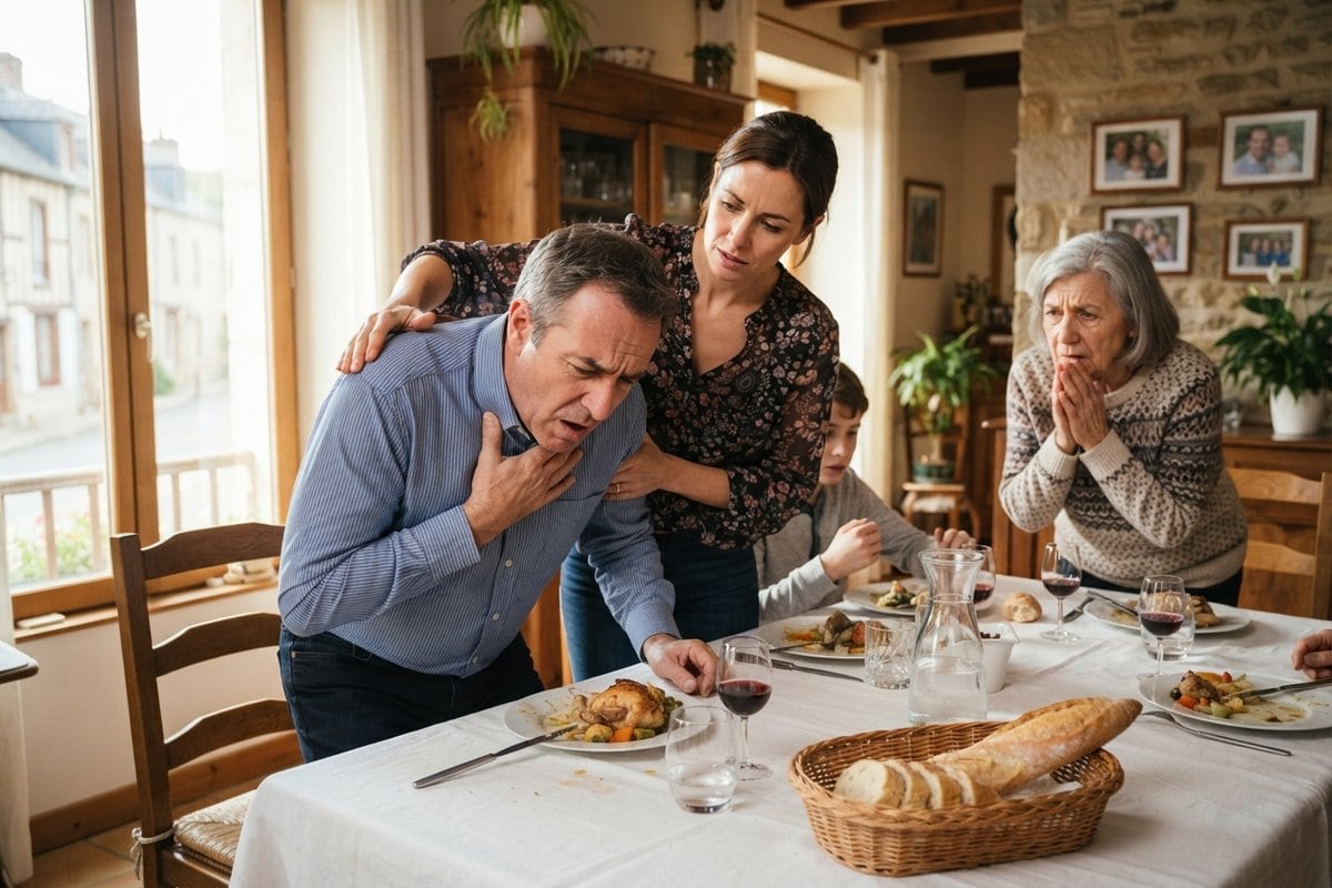 Femme soutenant la poitrine d'un homme penché en avant qui s'étouffe, lors d'un repas de famille