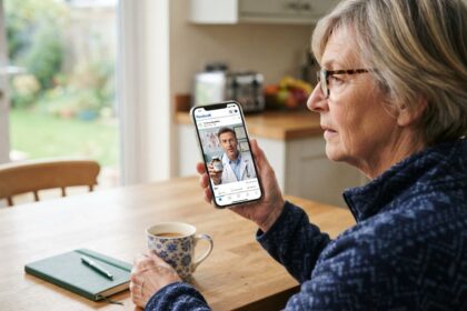 Femme âgée à lunettes regardant sur son smartphone une vidéo Facebook où un homme en blouse blanche présente un flacon