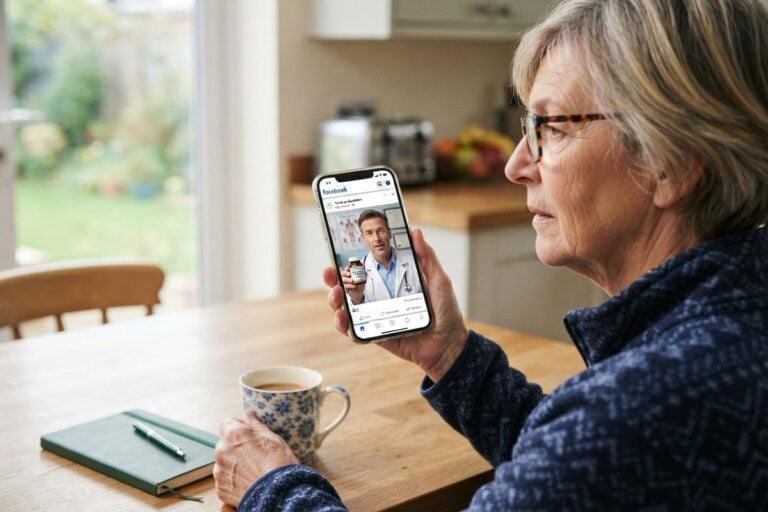 Femme âgée à lunettes regardant sur son smartphone une vidéo Facebook où un homme en blouse blanche présente un flacon