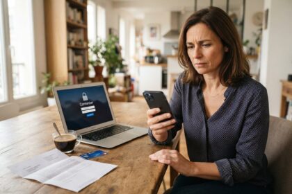 Femme soucieuse consultant son smartphone à une table, près d'un ordinateur portable affichant une page de connexion