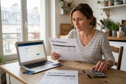 Femme à une table de cuisine lisant un avis d'échéance d'assurance, une calculatrice et un ordinateur portable devant elle