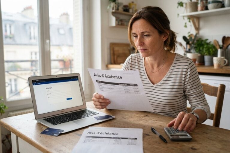 Femme à une table de cuisine lisant un avis d'échéance d'assurance, une calculatrice et un ordinateur portable devant elle